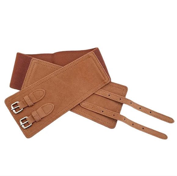 Boho Brown Wide faux suede leather double buckle corset waist elastic belt - Picture 12 of 12